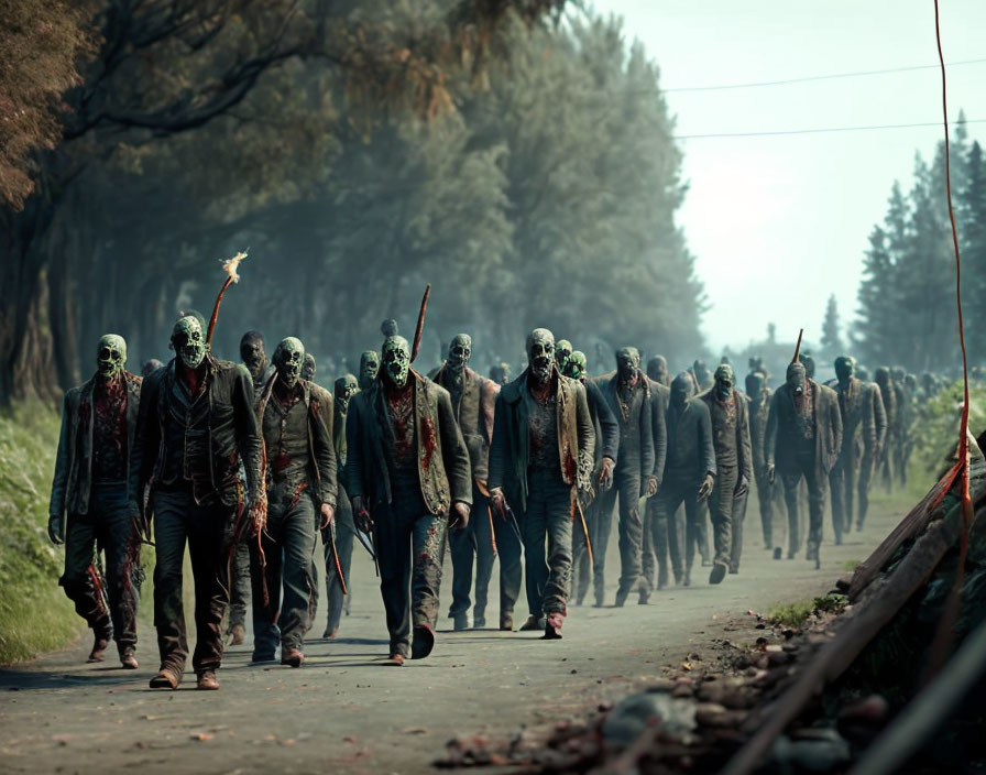 Horde of zombies shamble through gloomy forest on deserted road