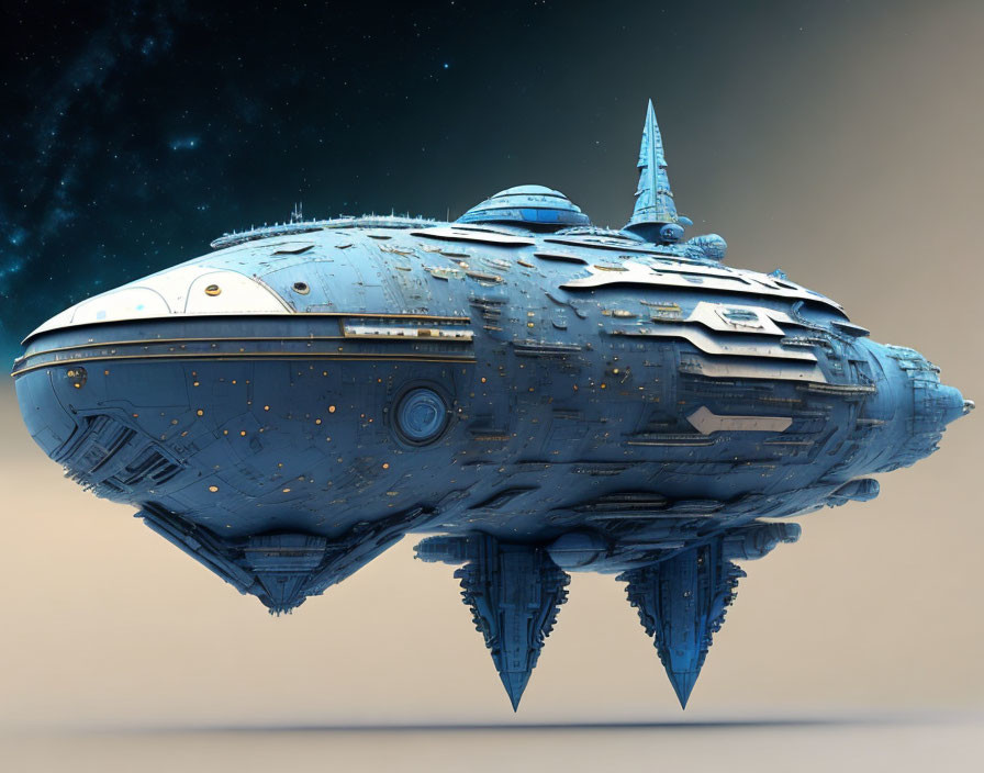 Detailed spaceship design with antennae and protrusions in starry backdrop