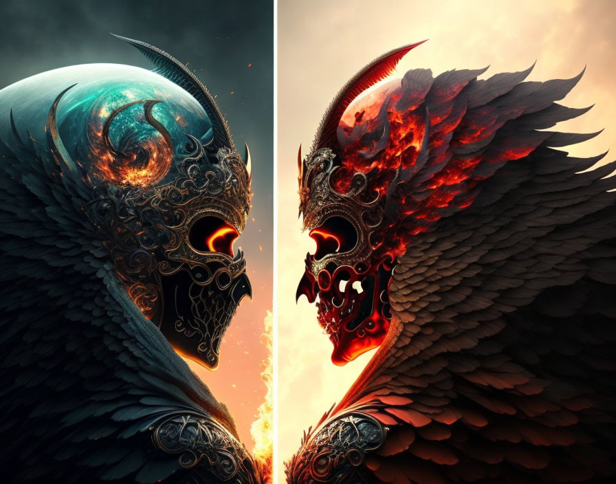 Ornate fantasy-style bird helmets in split image