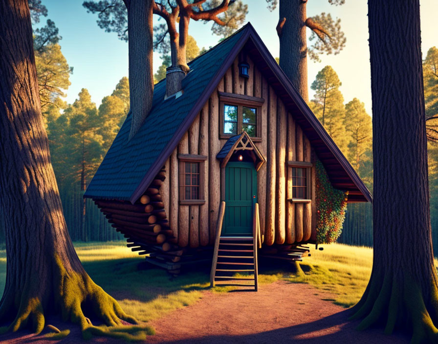 Triangular wooden cabin in forest setting with green door and sunset ambiance