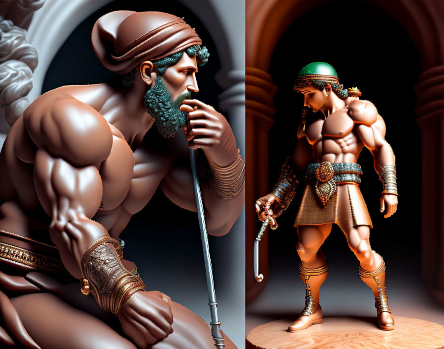 Muscular male figures in contemplative and battle-ready poses