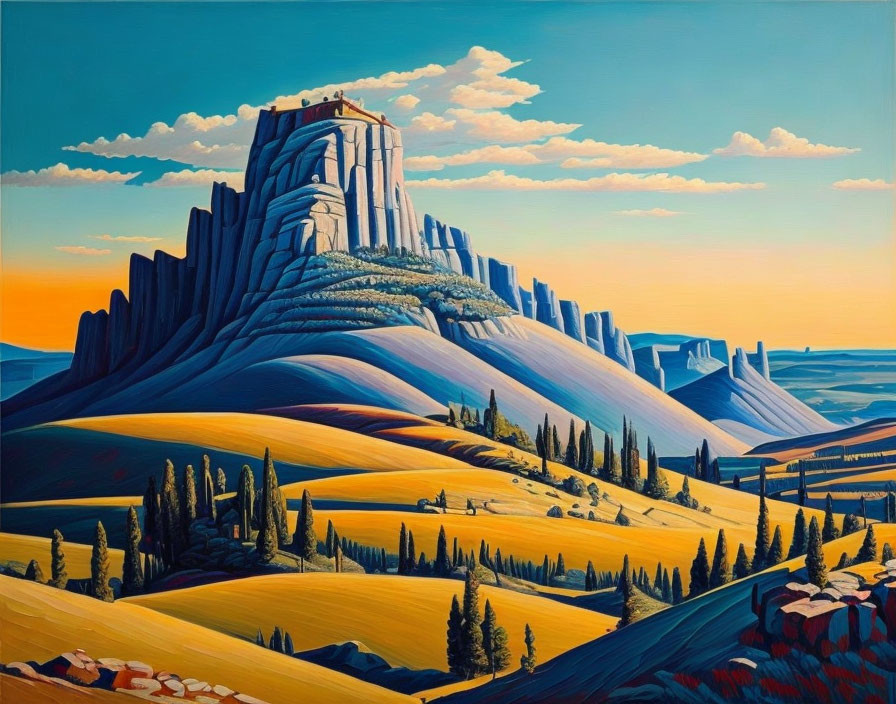 Stylized painting of mesa with building, hills, trees, and sky