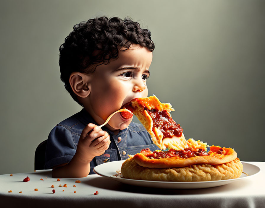 Curly-Haired Toddler Contemplating Cheesy Pizza Slice