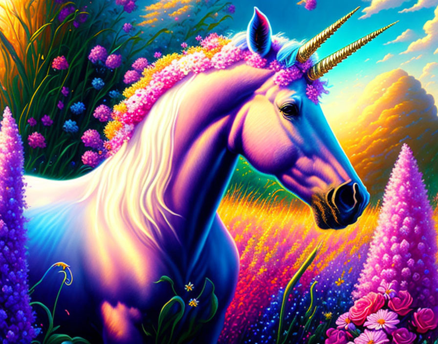Colorful Unicorn Illustration with Glowing Horn and Sunset Sky