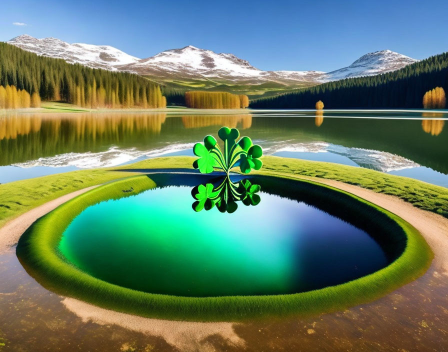 Circular Green Pond with Shamrock Design Surrounded by Pine Trees and Snowy Mountains
