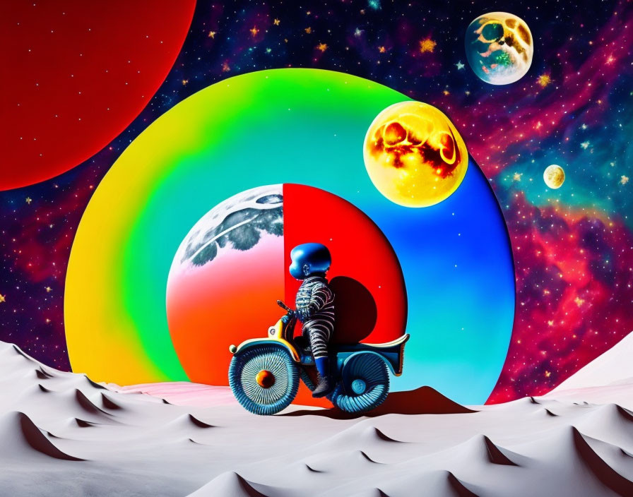 Astronaut on three-wheeled bike on lunar surface with pie-chart backdrop