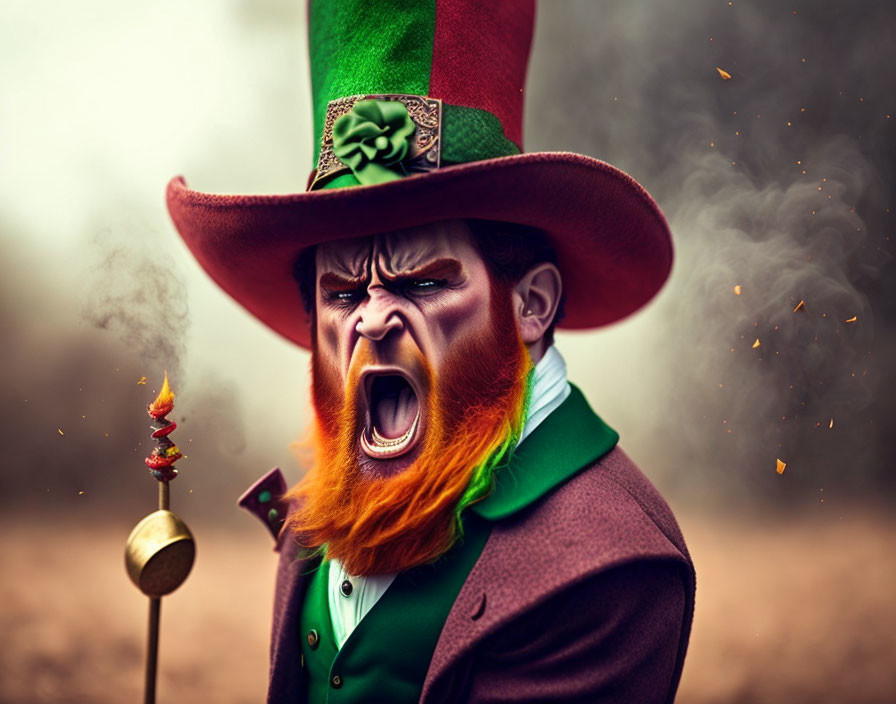 Angry leprechaun-like character with orange beard and green attire holding a smoking stick against mist