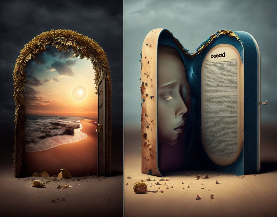 Dual-sided book image: sunset beach on one side, face embedded on the other