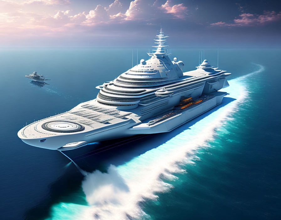 Luxurious multi-deck yacht with helipad and smaller yacht sailing on calm sea under serene sky