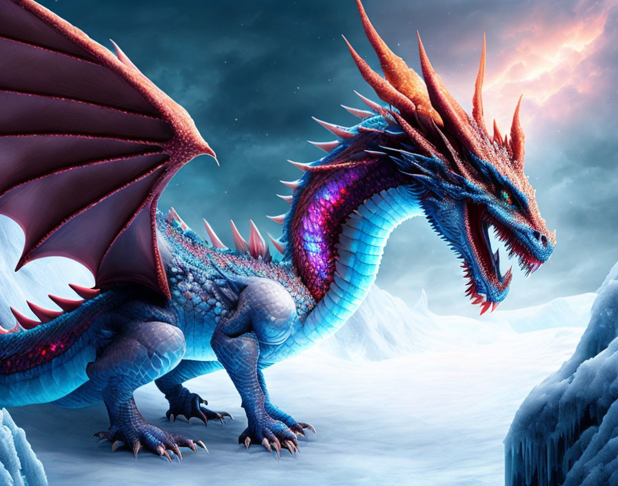 Iridescent blue and red dragon in snowy landscape
