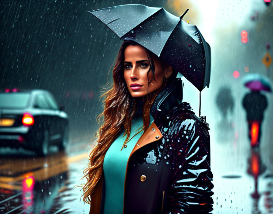 Woman with umbrella on rainy street with cars and another person.