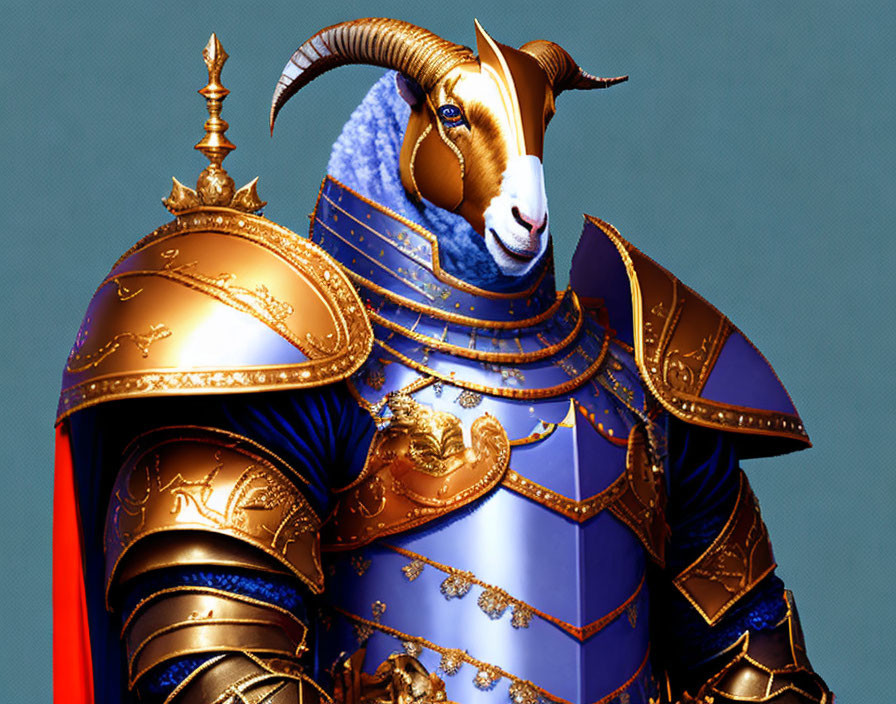 Digital artwork of human figure in blue and gold armor with goat helmet on grey background