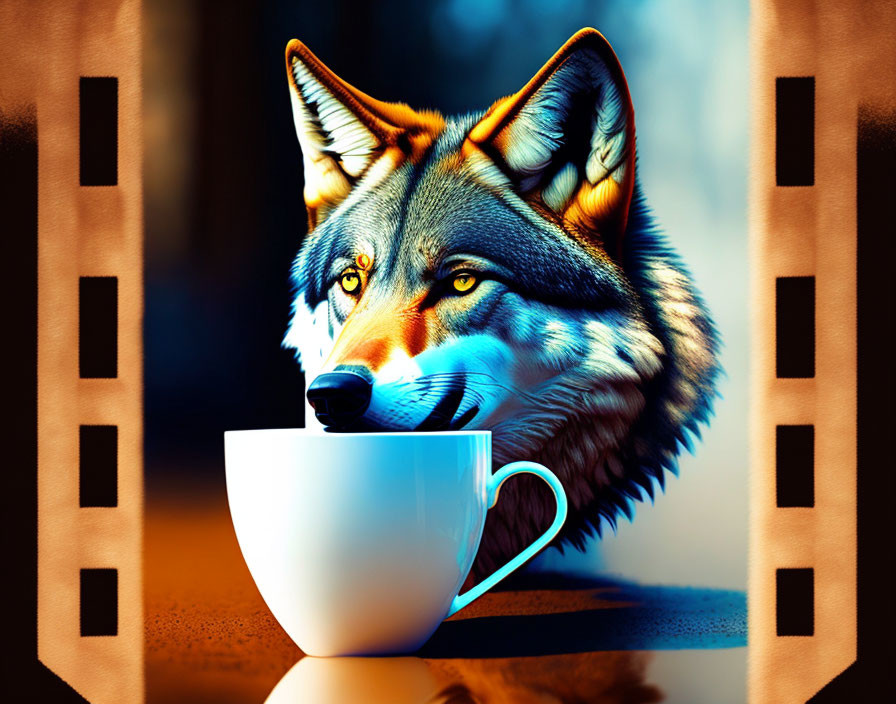 Colorful Wolf Head in Cup Surrounded by Filmstrip Borders