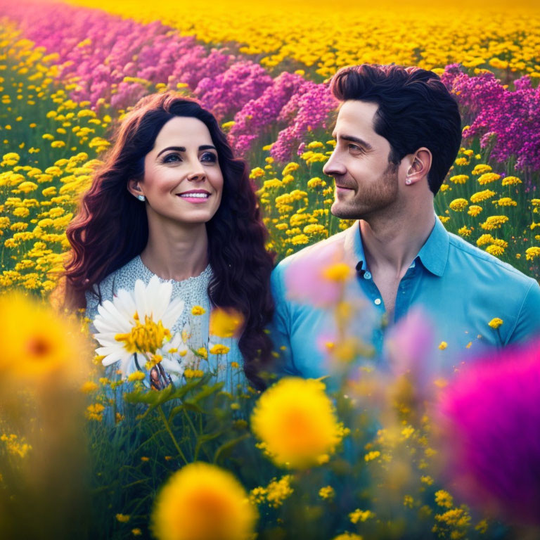 Smiling couple in colorful wildflower setting with woman holding a daisy