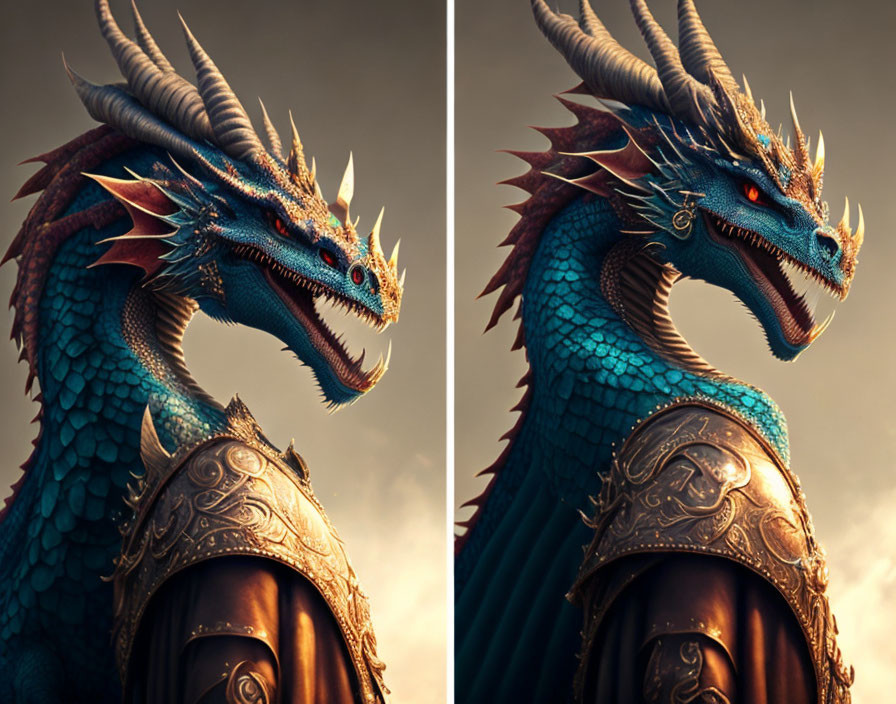 Detailed digital artwork: Majestic blue dragon with horns and armor in side profile against cloudy sky