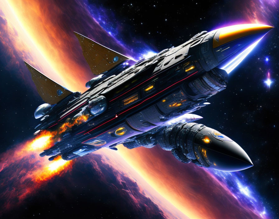 Futuristic spaceship with orange and yellow thrusters flying through starry space