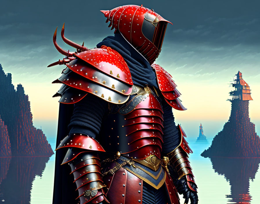 Knight in Red and Black Armor by Tranquil Sea and Ships at Dusk