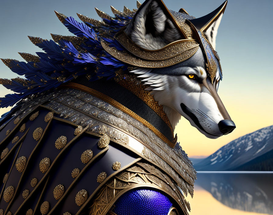 Detailed illustration: Armored wolf with gold and blue feathered helmet in mountainous scene