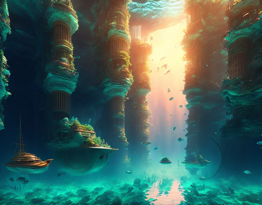 Underwater scene with ancient ruins, exploring ship, fish, and light beams