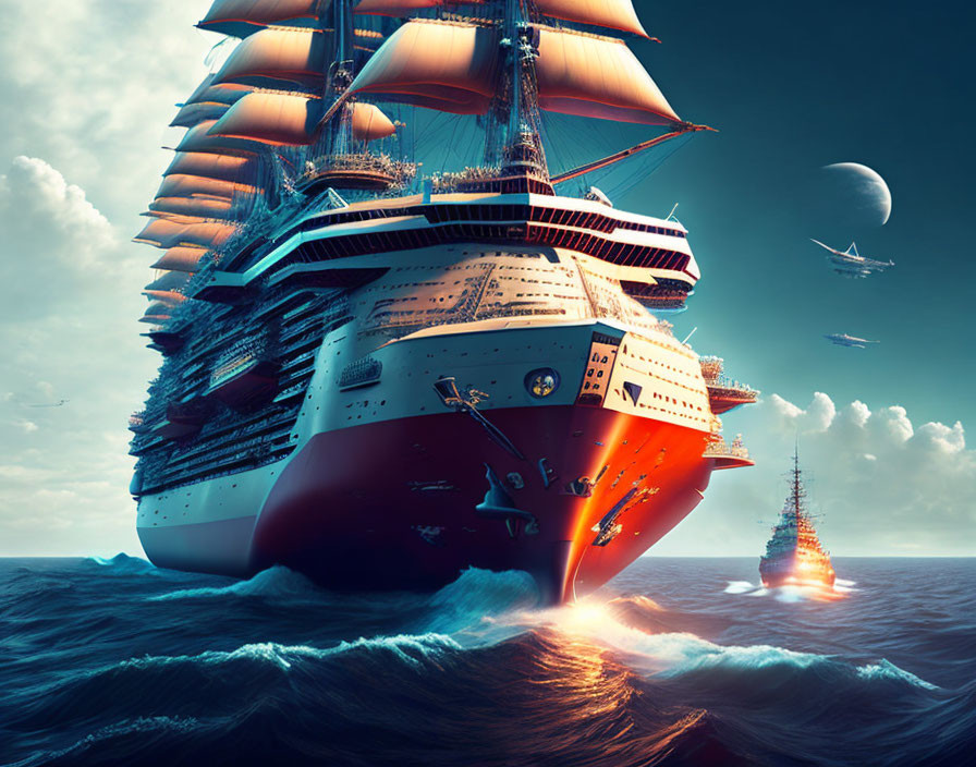 Surreal image of modern cruise ship with old-fashioned sailing ship features on vibrant ocean with multiple moons