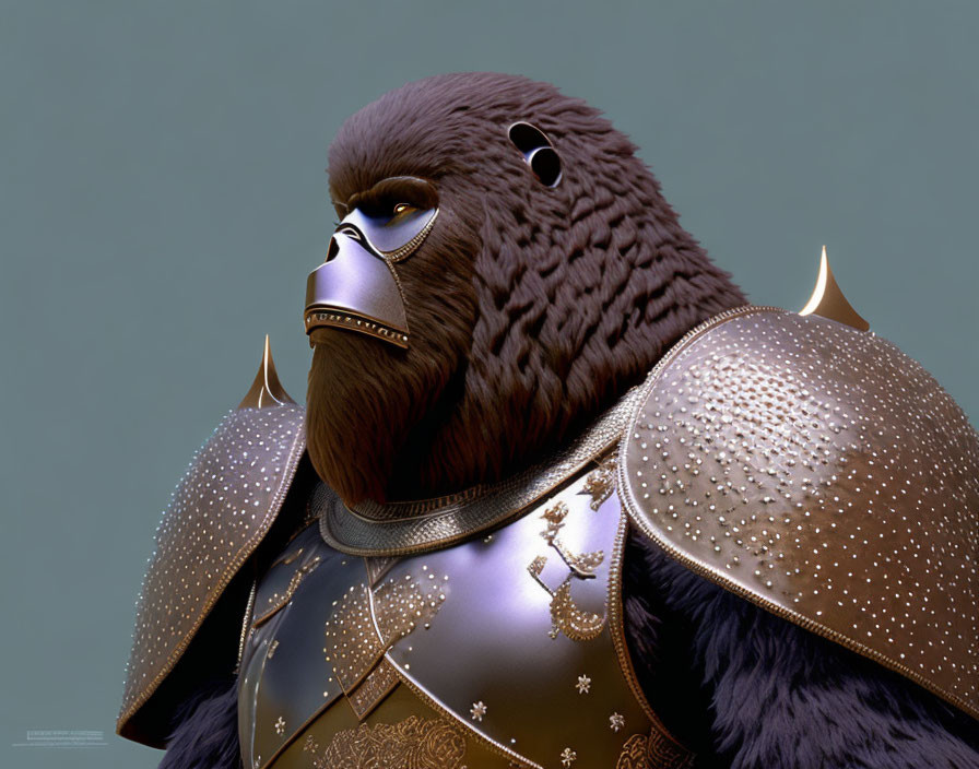 Detailed 3D illustration of anthropomorphic gorilla in medieval armor