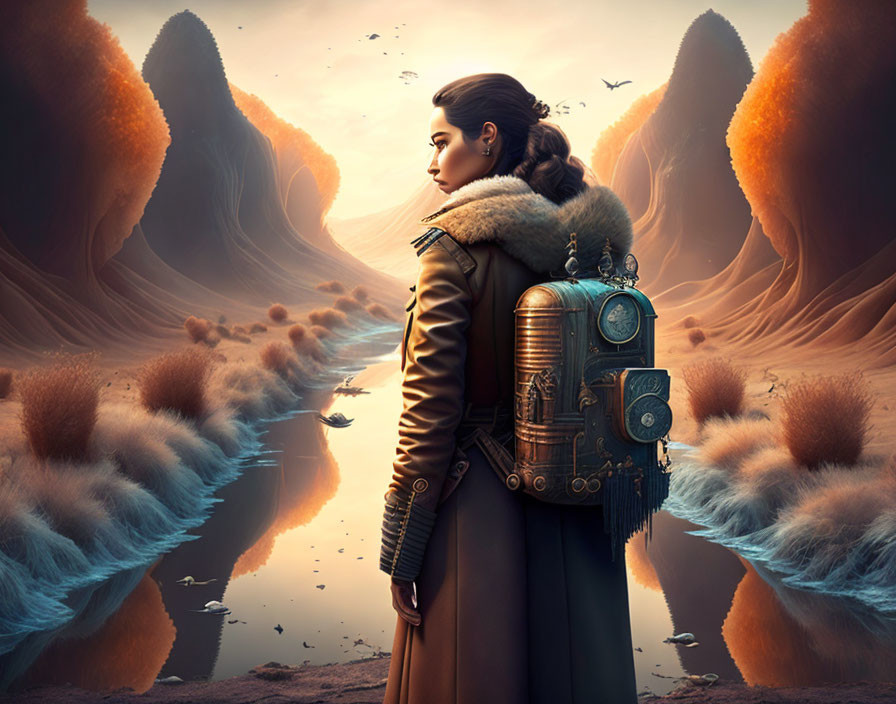 Steampunk backpack woman admires surreal landscape with mirror-image rock formations and orange sky