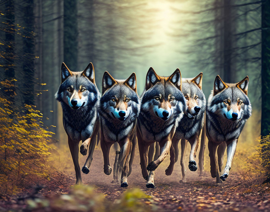 Five wolves running on forest path with sunlight filtering through trees