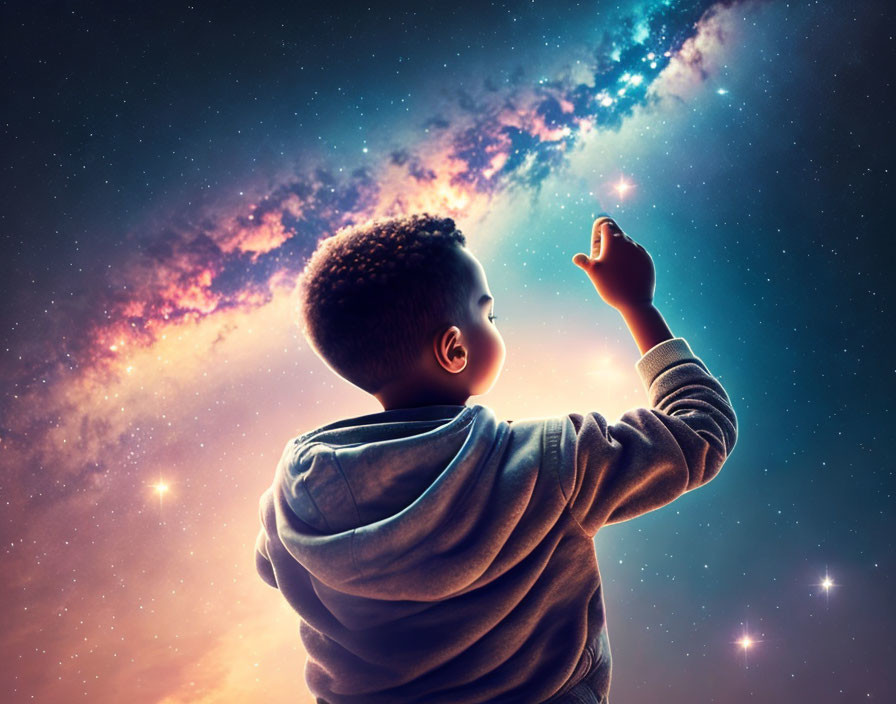 Child Reaching Towards Starry Night Sky with Galaxies