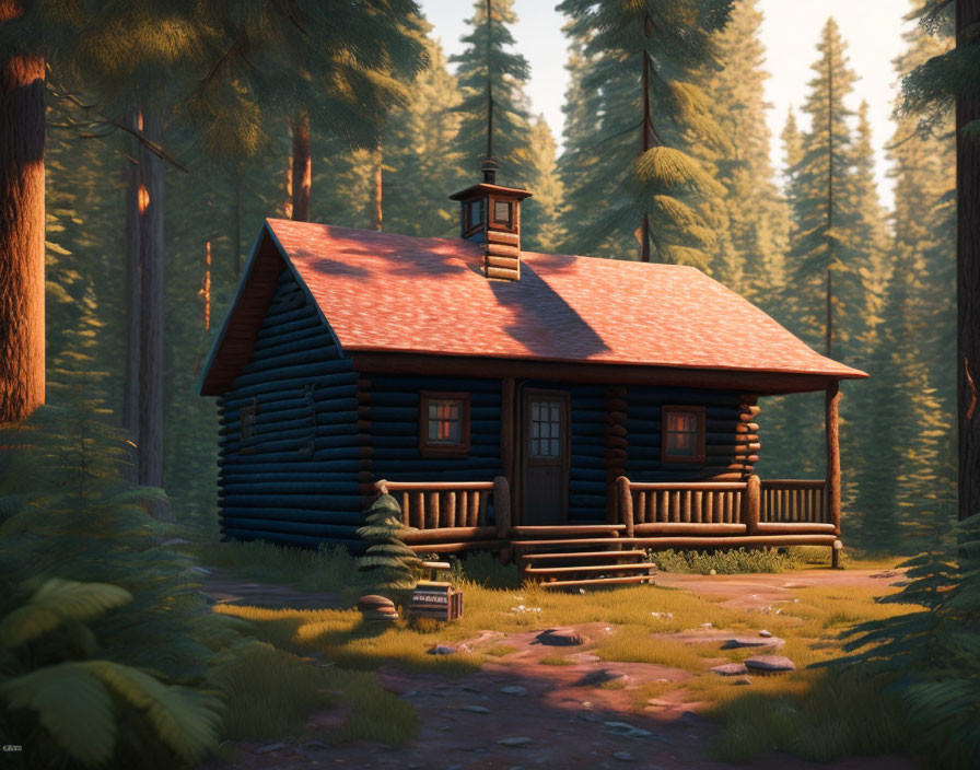 Rustic log cabin with red roof in pine forest clearing