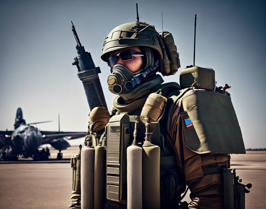 Military soldier in combat gear with aircraft in background