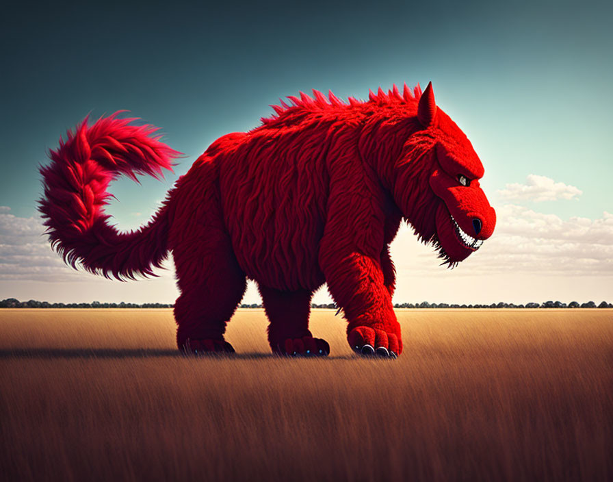 Red furry wolf-like creature in sunny savannah with bushy tail