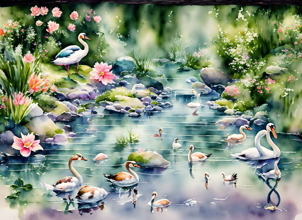 Tranquil watercolor painting of swans and ducks on serene pond