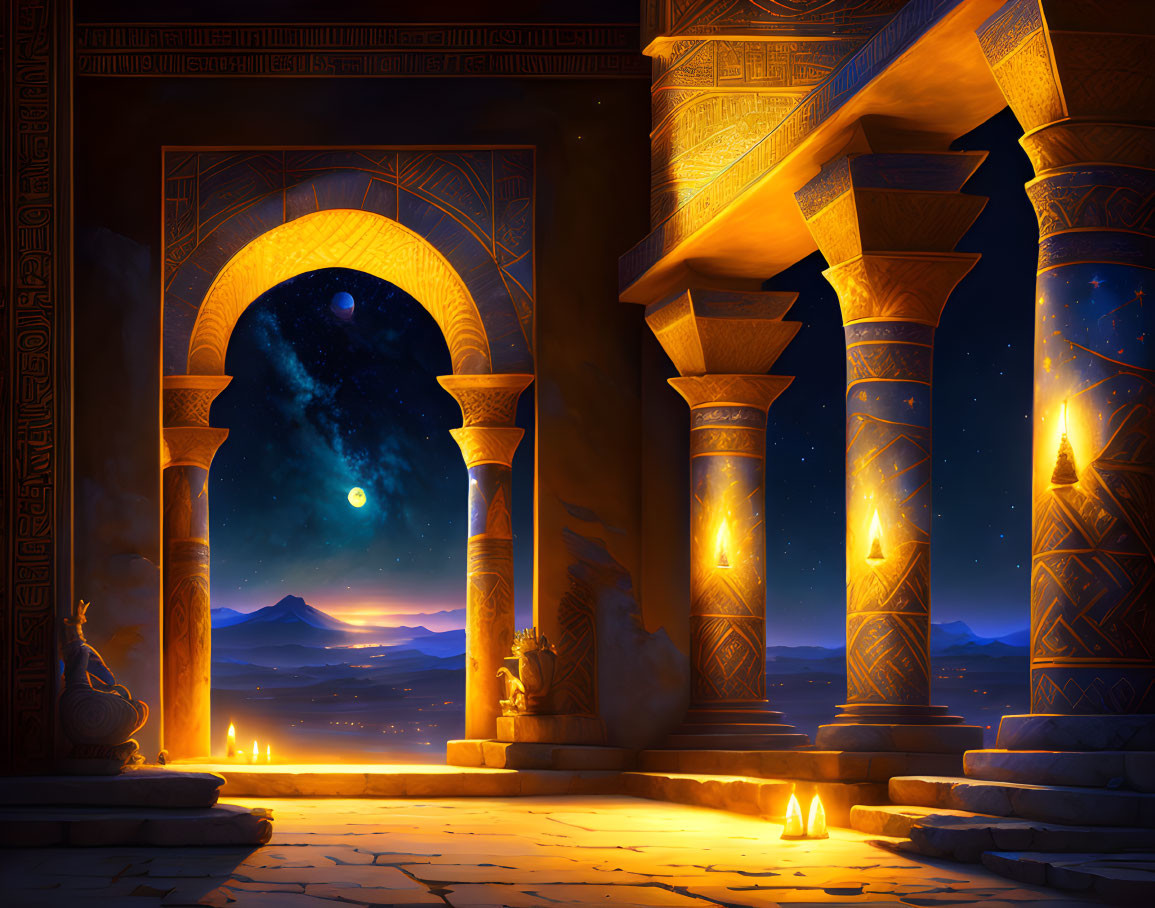 Ancient temple night scene with glowing torches and full moon