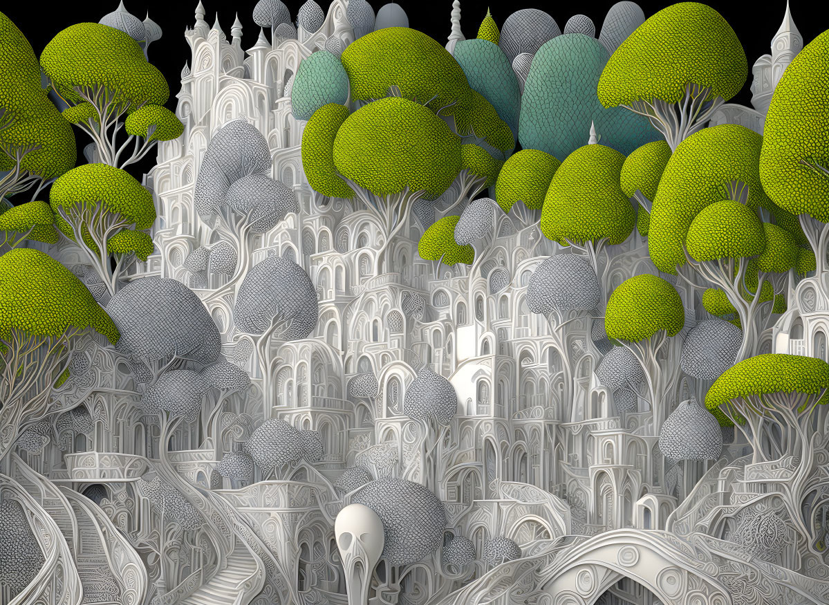 Monochromatic artwork of surreal landscape with stylized trees and whimsical architecture.