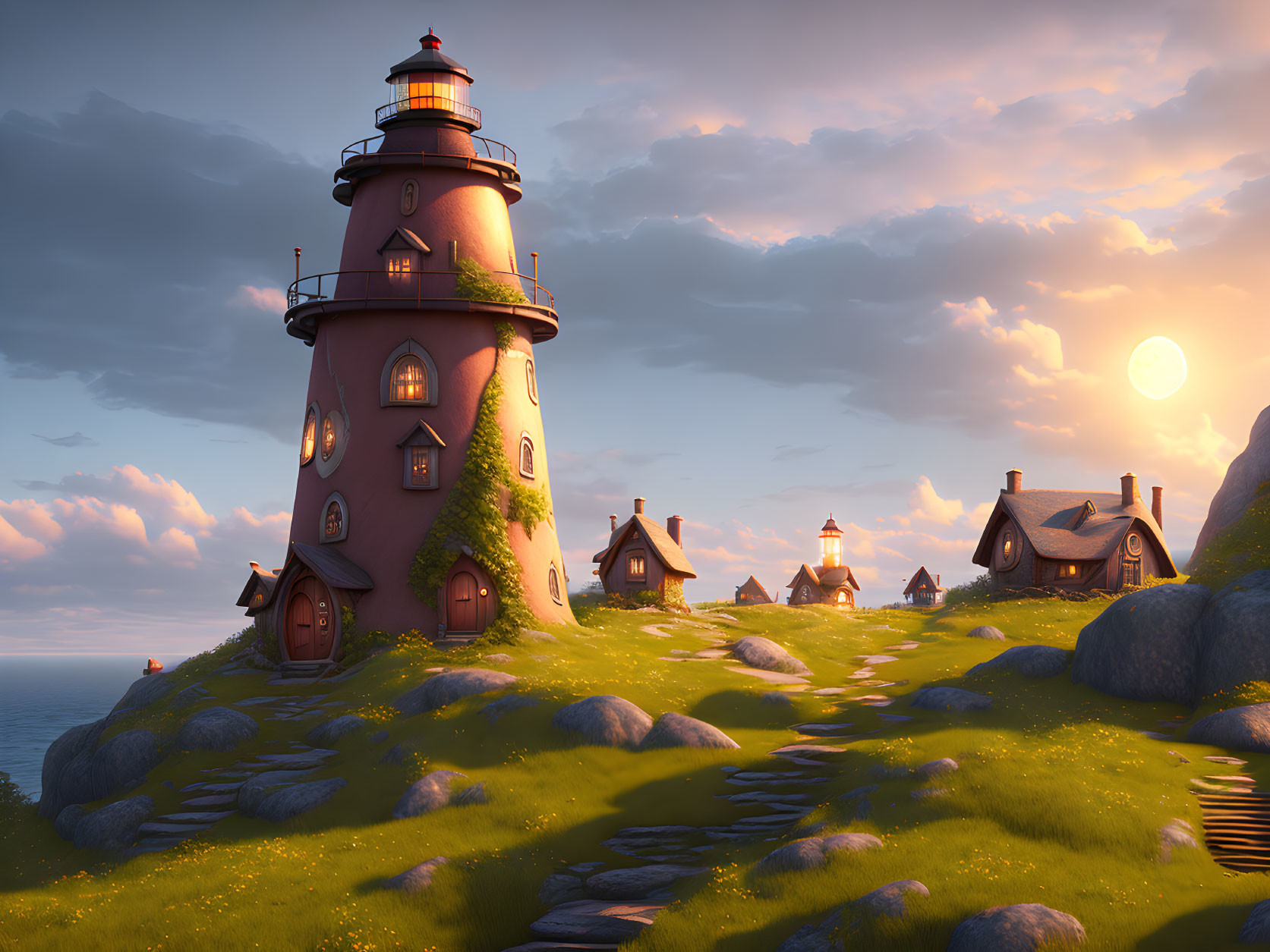 Whimsical lighthouse and cottages in serene sunset scene