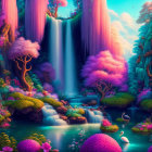Fantastical landscape with pink trees, waterfalls, serene pools & swan