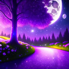 Enchanting fantasy night scene with glowing trees, moon, stars