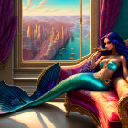 Blue-Haired Mermaid on Victorian Couch with Futuristic Cityscape View at Sunset