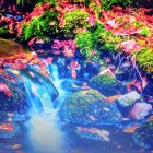 Colorful Painting of Cascading Waterfall with Flamingos and Lush Flora
