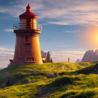 Whimsical lighthouse and cottages in serene sunset scene