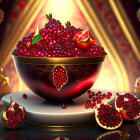 Luxurious bowl with ripe pomegranates and seeds against golden lanterns.