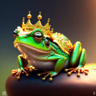 Regal frog with golden crown and jewels resembles storybook king