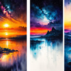 Four Panels of Vibrant Digital Art: Serene Landscapes, Water Reflections, Small Boat