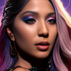 Woman with Vibrant Neon Makeup on Gradient Purple-Pink Background