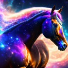 Majestic horse with fiery mane in cosmic setting