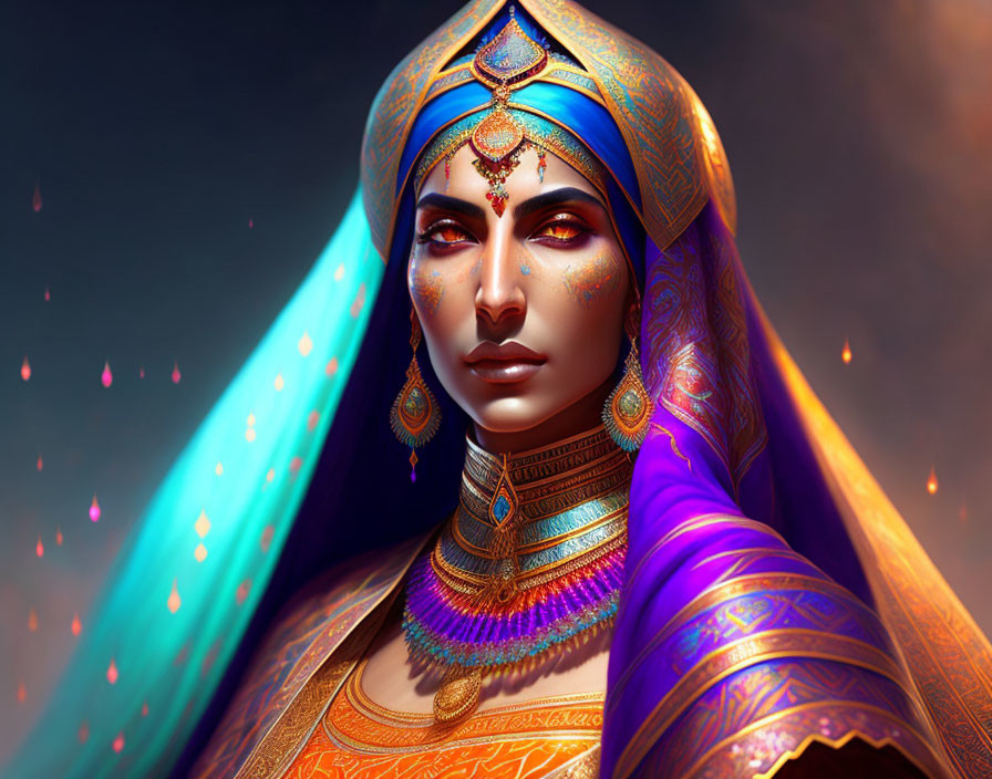 Vibrant digital artwork of woman in traditional Indian attire