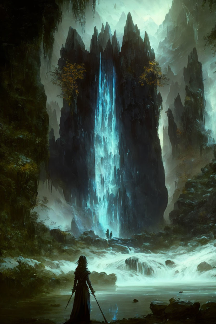 Cloaked figure observing mystical waterfall in cavern with blue light and yellow flora
