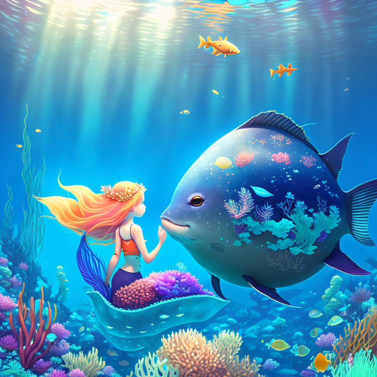 Mermaid with flowing hair touching large fish in vibrant underwater scene