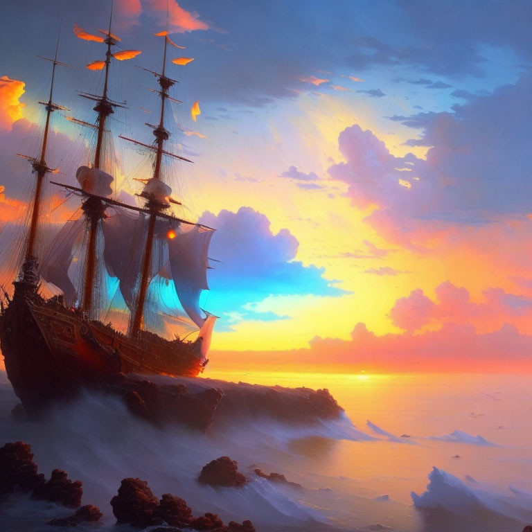 Sailing ship on tumultuous seas near rocky shores at sunset