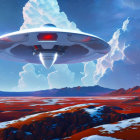 Detailed UFO over red alien landscape with blue skies